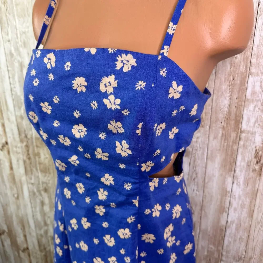 ZARA Woman’s Linen Blend Spaghetti Strap Blue Floral Dress medium - Picture 3 of 6